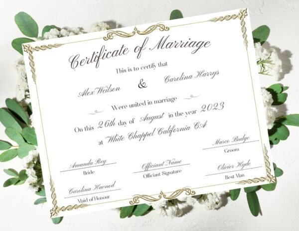 A marriage certificate inspection amidst lush green leaves against a serene white background.