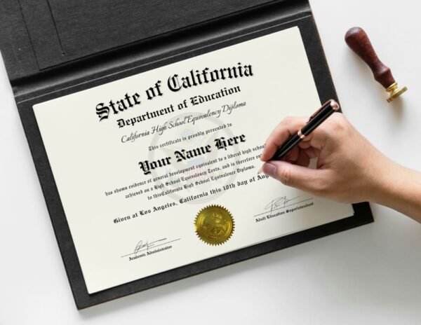 GED Certificate with gold seal being signed in a diploma holder.