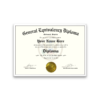 GED Diploma template graduation certificate in a white frame on an office wall.