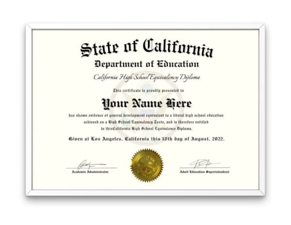 High school diploma with gold seal displayed in a white frame on an office wall.