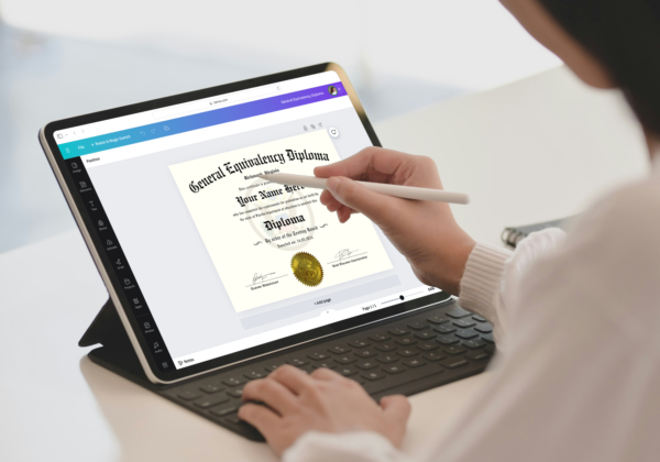 Digital display of a GED Diploma certificate on a computer screen.