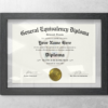 GED Diploma in a grey frame as office decoration.