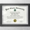 University diploma template in grey frame on wall