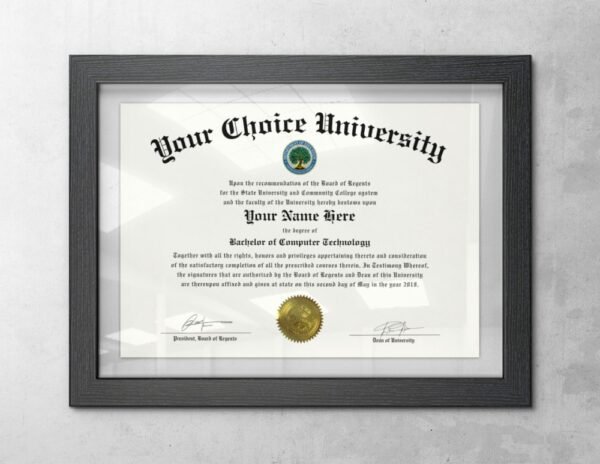 University diploma template in grey frame on wall