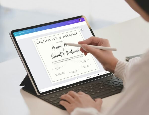Woman editing a customizable virtual marriage certificate template in the Canva app on a laptop.
