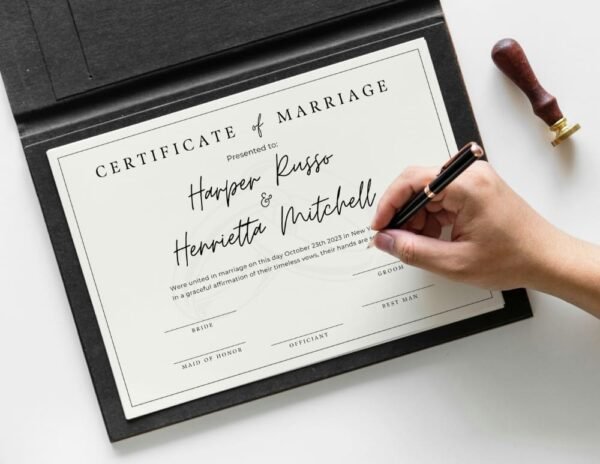 Fake virtual marriage certificate being officially signed in an elegant certificate holder