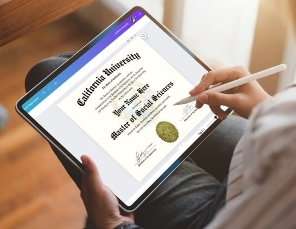 California college diploma template being edited in Canva on an iPad