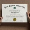 College diploma held in hands against brown background
