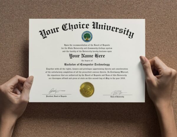 College diploma held in hands against brown background