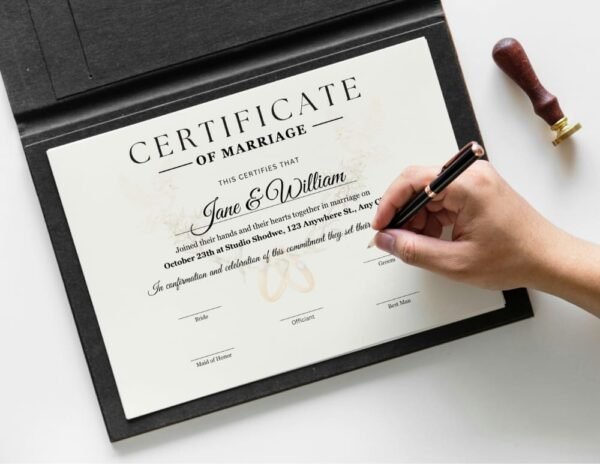 Virtual wedding certificate replica being officially signed and displayed in a high-quality certificate holder.