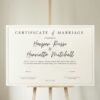 Fake virtual marriage certificate displayed on a wooden holder at a wedding ceremony.