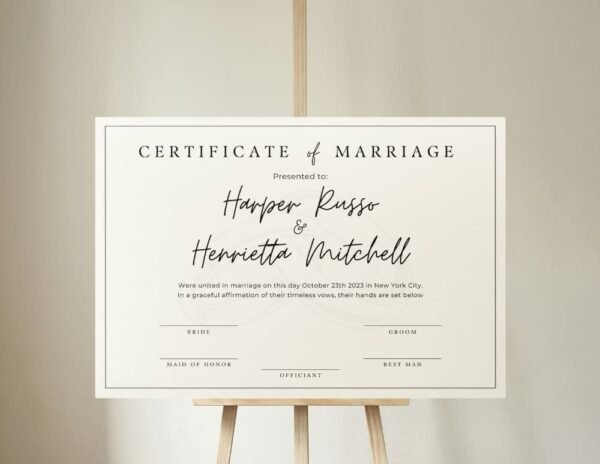 Fake virtual marriage certificate displayed on a wooden holder at a wedding ceremony.