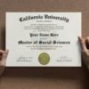 California college diploma template held by a school graduate student