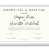 Replica virtual marriage certificate in a white frame on a white wall.