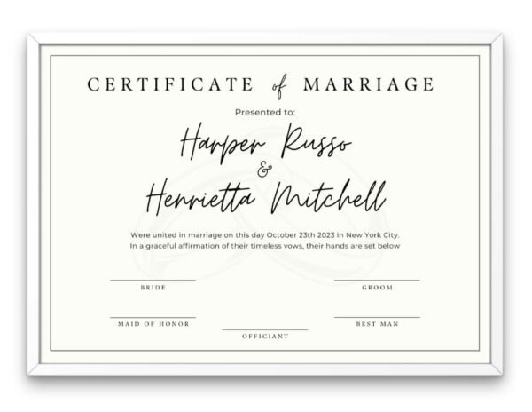 Replica virtual marriage certificate in a white frame on a white wall.