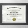 California college diploma template displayed in grey diploma frame hanging on the wall