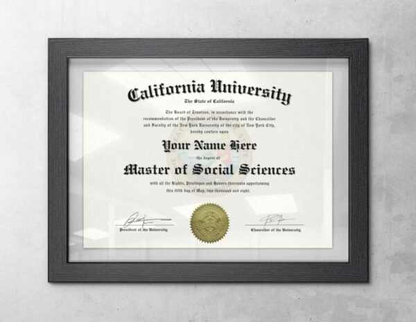 California college diploma template displayed in grey diploma frame hanging on the wall