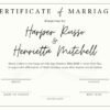 Aesthetic virtual marriage certificate template with customizable fields for names and wedding date.
