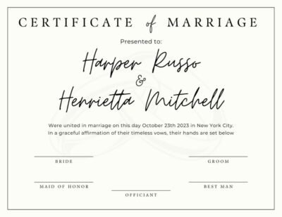 Aesthetic virtual marriage certificate template with customizable fields for names and wedding date.