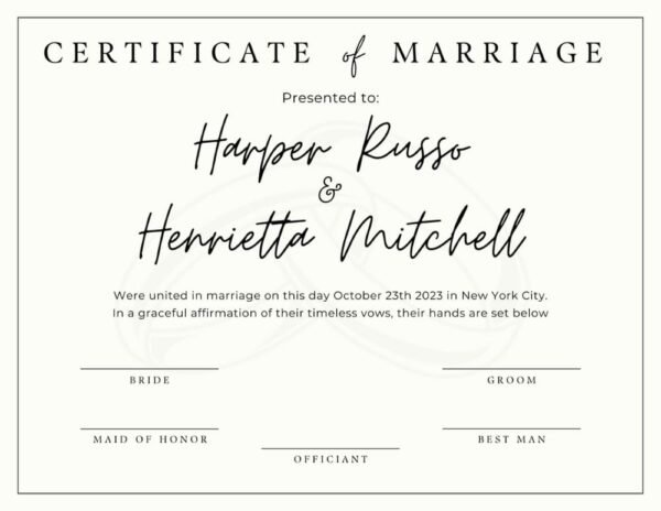 Aesthetic virtual marriage certificate template with customizable fields for names and wedding date.