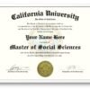 California university diploma template in white frame hanging on the wall