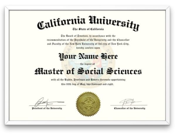 California university diploma template in white frame hanging on the wall