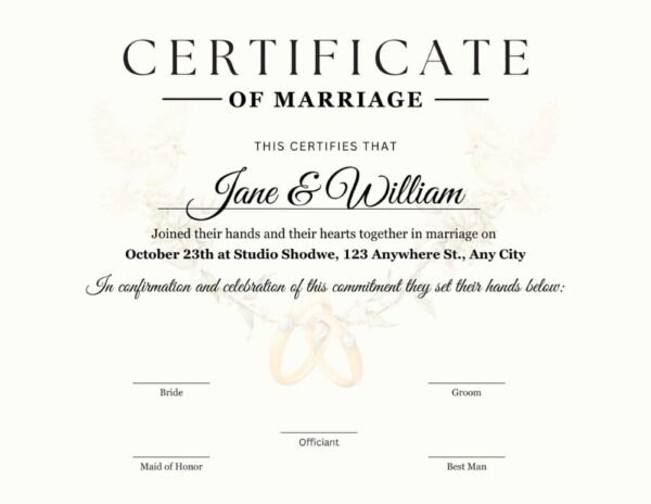 Elegant virtual marriage certificate template with customizable fields for names and wedding details.