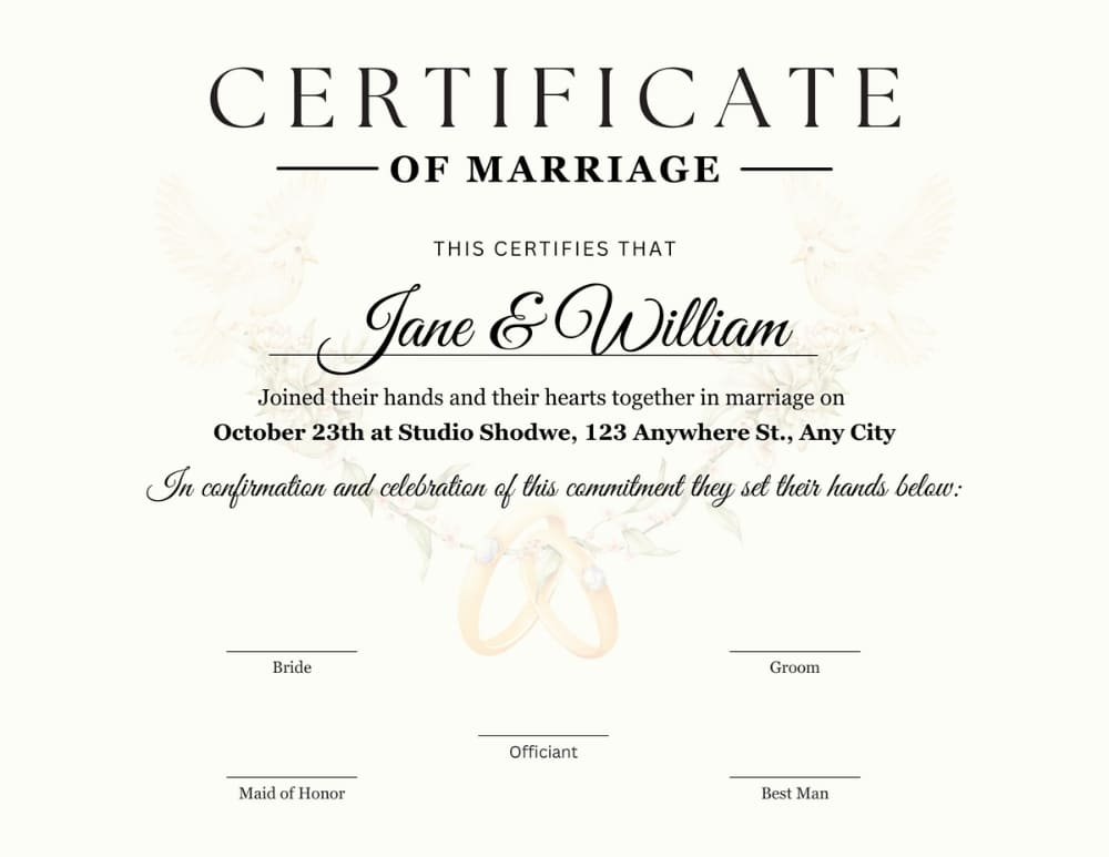 Virtual Marriage Certificate Template Personalized Wedding Decor