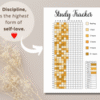 Printable study tracker page organized by subject, featuring timers and reflection prompts.