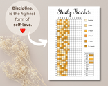 Printable study tracker page organized by subject, featuring timers and reflection prompts.
