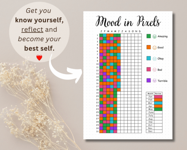 Mood in Pixel tracker template with colorful grid for daily mood tracking and mental health monitoring.