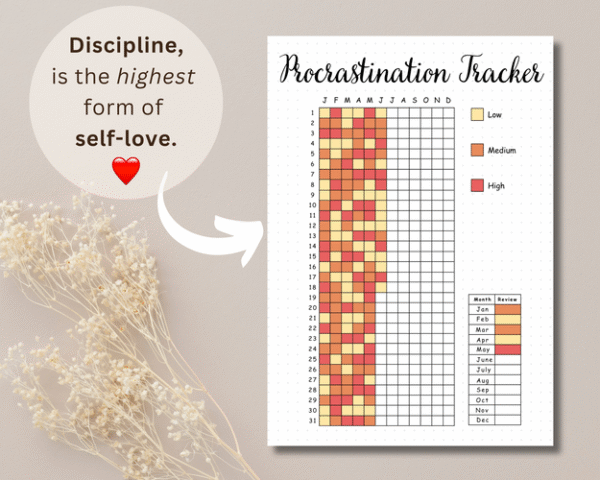 Daily journaling spread showing task completion, mood, and gratitude reflections to reduce procrastination.