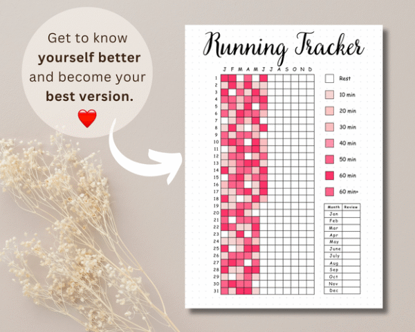 Journaling layout featuring a running tracker and gratitude prompts for a balanced wellness practice.