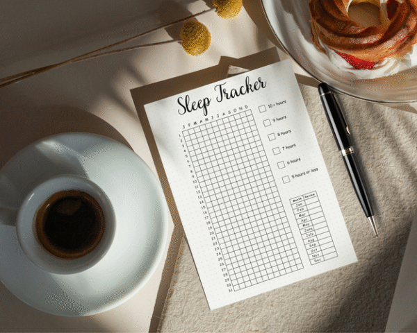 Color-coded sleep tracking template used alongside online journaling tools to support healthy routines.