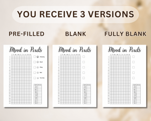 Mood tracker grid with labeled emotions and color key, perfect for visualizing mental health trends.