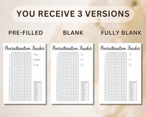 Digital procrastination tracking sheet combined with power nap logs and gratitude prompts for a balanced routine.