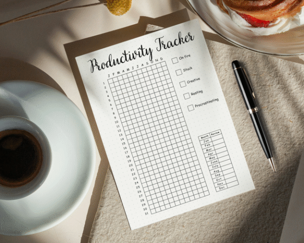 Organized daily journaling spread featuring a task tracker and the Five Minute Journal prompts.