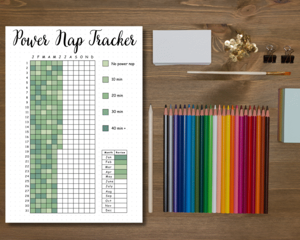 Printable Power Nap Tracker designed for daily journaling, energy management, and gratitude practice.