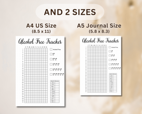 Digital monthly alcohol tracker with checkboxes to support giving up drinking alcohol step by step.