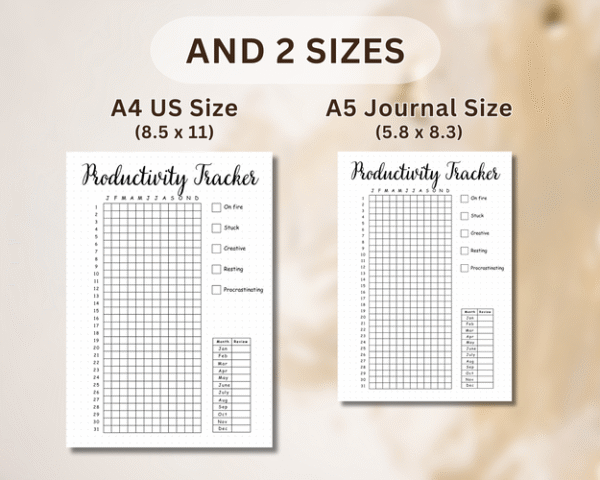 Journaling layout combining productivity tracking, mental health check-ins, and gratitude prompts for holistic wellness.