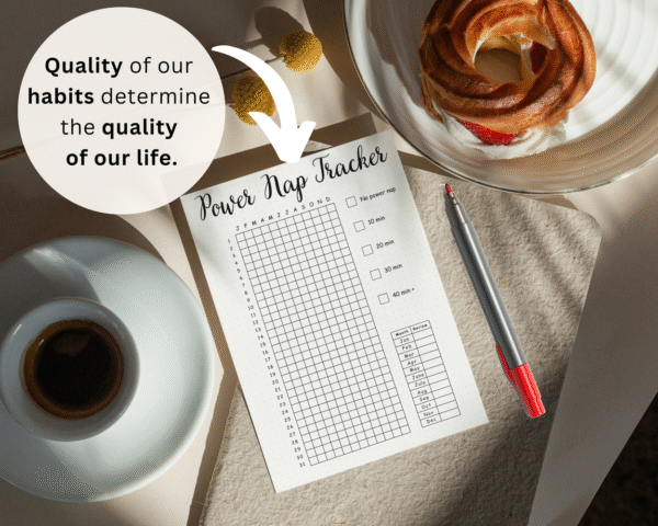 Minimalist power nap tracking template used alongside a prompted journal for building mindful habits.