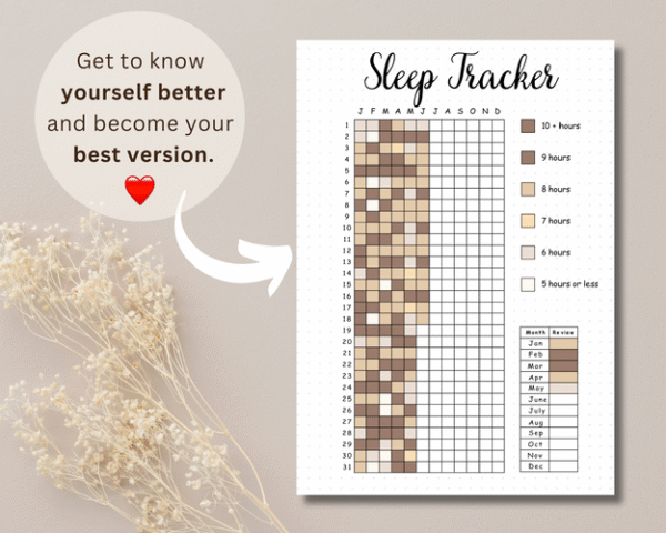 Minimalist sleep tracker layout combined with wellness journal prompts for better rest and self-awareness.