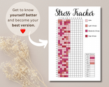 Stress tracker journal page with emoji-based scale to reflect daily mood and emotional intensity.