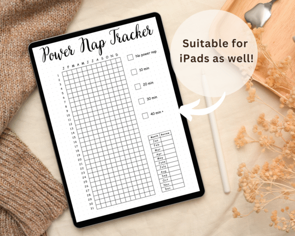 Power Nap Tracker with time slots and energy level ratings, paired with a gratitude journal for daily wellness.