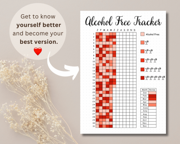 Printable alcohol tracker template for those seeking help quitting drinking and building healthier habits.